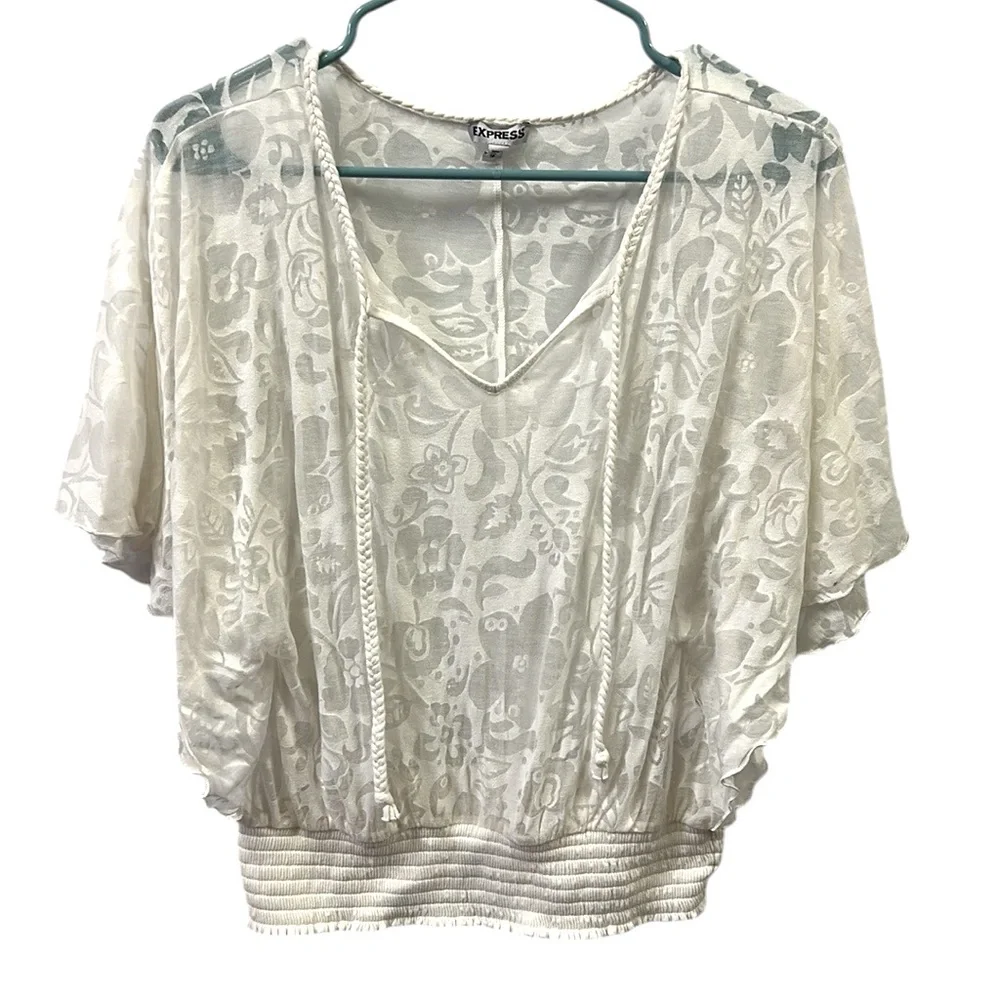 Express Semi Sheer Short Flutter Sleeve Elastic Waist Lightweight Top Womens XS - Picture 7 of 10